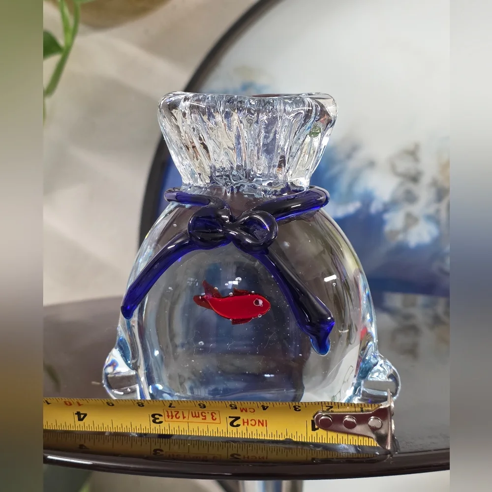 Bella Casa By GANZ Art Glass Paperweight Gold Fish In A Bag Blue Orange
